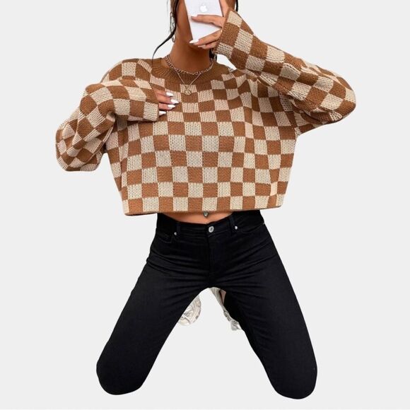 Checkered Pattern Drop Shoulder Sweater - Picture 3 of 7